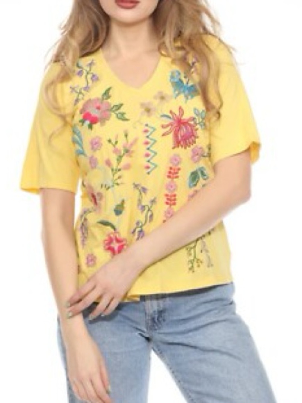 Johnny Was | Maureen Trapunto V-Neck Tee In Soft Citron -Embroidered Boho - NWT